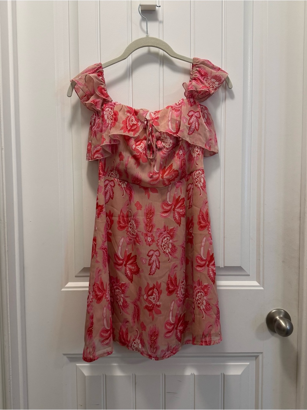 White Fox Same Love Pink Floral Mini Dress Off Shoulder Tie Front Coquette Sz S